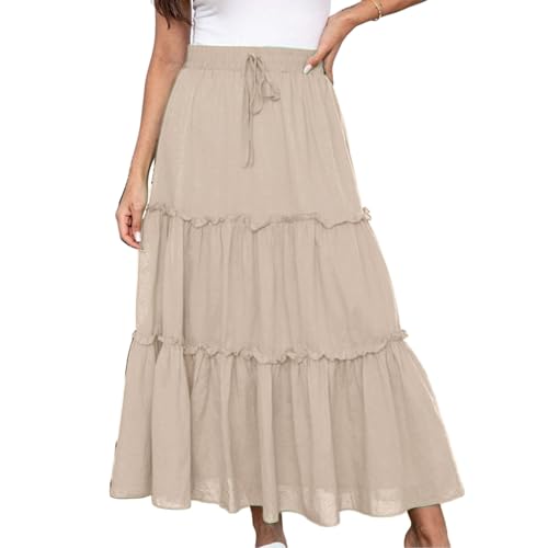 Midi Skirts for Women UK Elasticated Waist - Midi Skirts for Women UK A Line - Knee Length Skirt Tiered Maxi Skirt Cotton Ladies SummerSkirts Long Summer Solid Colorskirt Vacation Outfits Khaki