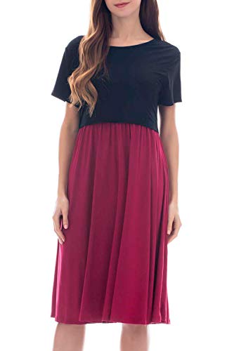 Smallshow Damen Lässiges Kurzarm Stillkleid Umstandskleid für Stillen Black/Wine Medium Cover