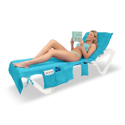 ITSA Terry Towelling Beach Towel with Pockets & Handles | 100% Cotton Foldable Sun Lounger Cover | Carry Bag | Secure Storage Beach Towel (Turquoise)