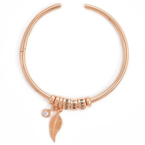 MYKA - Personalized “Linda” Open Bangle Bracelet with Engraved Beads & Diamond Stone - Custom Any Names, Elegant Jewelry For New Mom, Grandma, Mother, Her, Women - Dainty Gift For Mother’s Day,
