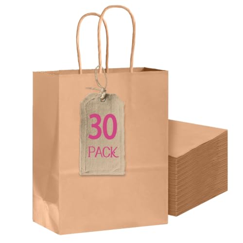 Bakepacker 30-Pack Medium Size Gift Paper Bags with Handles Bulk 10.6"x8.3"x4.3" Brown Party Kraft Shopping Bags