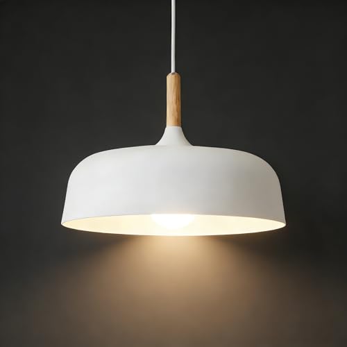 E26/27 Modern Pendant Light Industrial Art Deco Ceiling Lighting Light Fixture Simple Nordic Style Hanging Lamp Shade 1 Light Fixtures for Dining Room Kitchen Island Hallway Shop (Wooden, White)