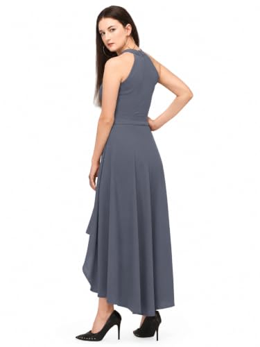 Image of Women Fit & Flare High Low Midi Dress | Sleeveless Round Neck One Piece Dress with Waist Tie Detail | Flowy Western Dress for Party and Casual Styling