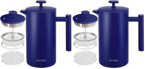 Image of Secura French Press Coffee Maker, 304 Grade Stainless Steel Insulated Coffee Press with 2 Extra Screens, 34oz (1 Litre), Blue (Pack of 2)