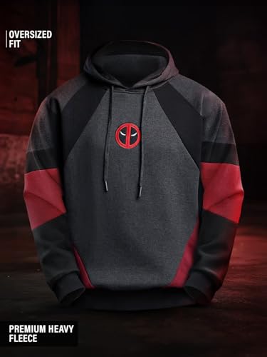 Image of The Souled Store Deadpool: Wade Wilson Men and Boys Long Sleeves Hooded Neck Pull On Grey Graphic Printed Cotton Blend Oversized Hoodies