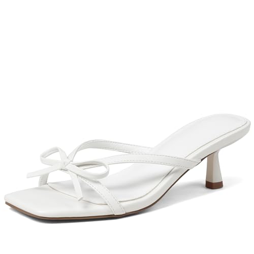 VIMISAOI Womens Bow Heels Strappy Kitten Heels for women Sandals Square Open Toe Slip On Mule Sandals Comfortable Dress Shoes for Party Weddingwhite