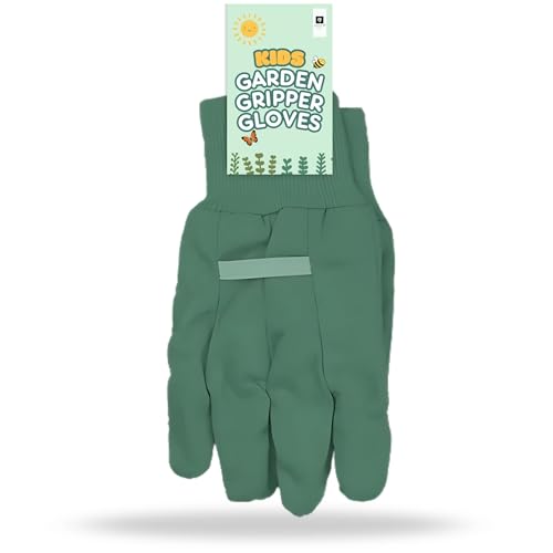AKH® Kinder Gartenhandschuhe | Einheitsgröße ab 3 Jahren | Baumwolle Kinder Gartenhandschuhe mit PVC Noppen für sicheren Halt | Kinder Gartenhandschuhe mit bunten Gartenfiguren Design (blau)