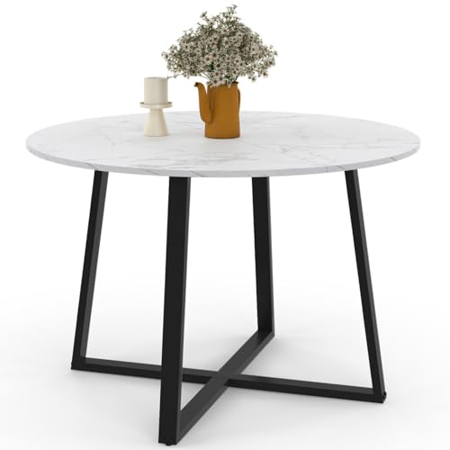 IDMarket - Table à Manger Fixe Ronde Selma 4-6 Personnes Plateau Effet marbre Blanc Alaska et Noir 110 cm
