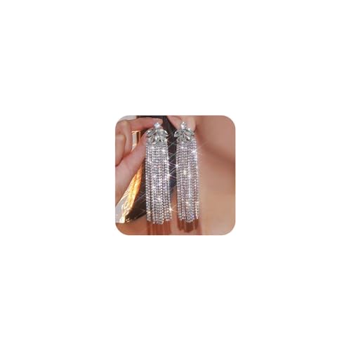 Missgrace Bridal Wedding Silver Rhinestone Earrings Dangling Sparkly Dangle Gold-Plated Earrings Chandelier Earrings Tassel Large Studs Crystal Statement Earrings for Women Bride (Silver)