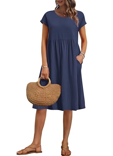 AUSELILY Damen Kurzarm Knielange Sommerkleider Sommer Lockeres Freizeitkleider Empire Kleider mit Taschen Marineblau L