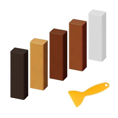 5Pcs Wax Filler Wood Repair Sticks with Scraper, Wax Repair Sticks Brown Series Blend to Colour Match, Wood Filler Sticks for Furniture, Wooden Floor Scratches Stains Holes