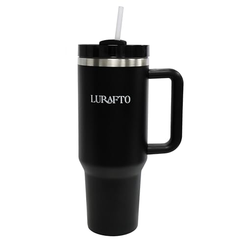 LURAFTO 40 oz Tumbler with Handle I Stainless Steel, BPA-Free Mug with Lid & Straw I Double Wall Insulated Black Tumbler for Hot & Cold Drinks I Anti- Slip & Comfortable Grip, Reusable Travel Mug