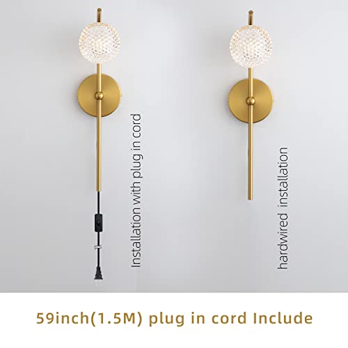 Image of Plug in Gold Wall Sconces - Adjustable Color Temperature Modern Wall Light Fixtures, Globe Wall Mounted Lamp with Brass Finish for Indoor Iiving Room Bedroom Bedside Hallway