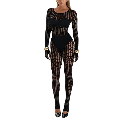RISCUYY Black Jumpsuit for Women Mesh Lace Long Sleeve See Through Jumpsuits Sexy Rave Oufits Clubwear
