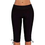 YOUNGSUN Women's Long Board Shorts High Waist Swim Bottom Shorts Sports Capris Skinny Surfing Tights with Side Drawstring Black