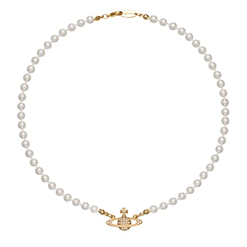 ORJATEXIN Saturn glass-based imitation Pearl Necklace Artificial 5A zircon Planet choker Diamond Artificial Imitation pearl Pendant Necklace for Women and Girls with Special beautiful package Gif Fashion Net red trend Necklace (15.7 inch classic, Gol