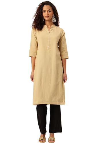 Image of feranoid Women's Plain Cotton Kurta with Mandarin Collar, 3 /4 Sleeves & Pocket