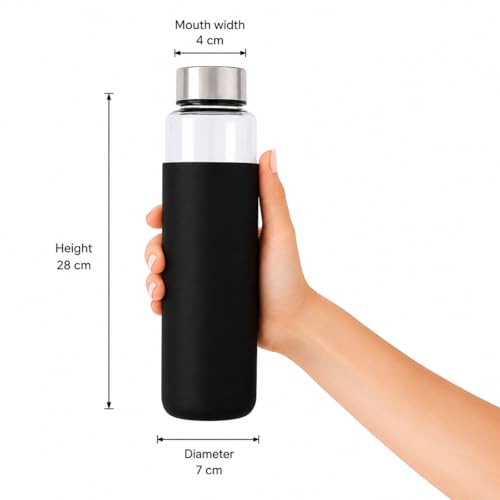 Image of Borosilicate Glass Water Bottle with Silicone Cover | 1 Litre 1000ml | Thermal Shock Resistant | Leakproof Steel Cap | BPA Free | Home Office Gym Fridge