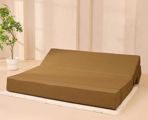 Image of uberlyfe Xtra High, Xtra Soft 3 Seater (6' x 6') Sofa Cum Bed | 1 Year Warranty | 17 inch Sofa Height | King Size Foldable Bed | Water Repellent Fabric | 3 Cushions Bloom Pattern | Rodhouse Brown Color