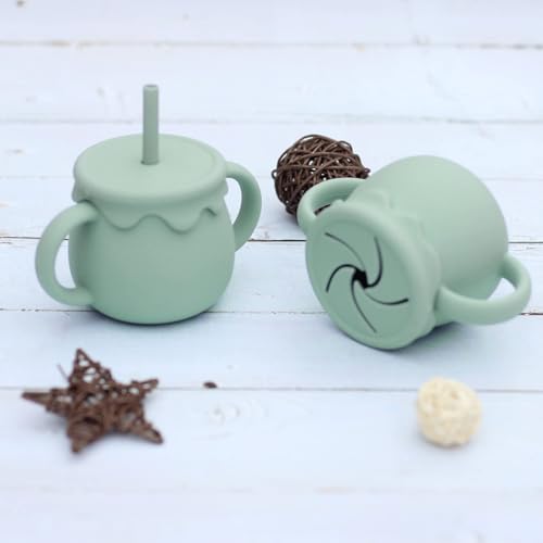 Image of Moonkie 2-in-1 Silicone Baby Cups with Straw and Lid for Snacks, 8.5 oz Spill-Proof Sippy Cups, Training Cup for Toddlers Ages (Green)