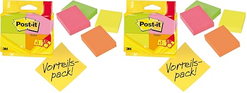 Post-it Notas, Colores De Neón Surtidos, 38 mm x 51 mm, Paquete Promocional, 100 Hojas/Bloc, 3 Blocs + 1 Gratis/Paquete (Paquete de 2)