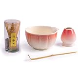 Myrthra Matcha Set - Matcha Tea Set 4 Piece Matcha Besen Set -Matcha-Besen, Matcha Filtersieb, Matcha-Schale mit Ausgießer, Chasen und Matcha Löffel, White and Pink