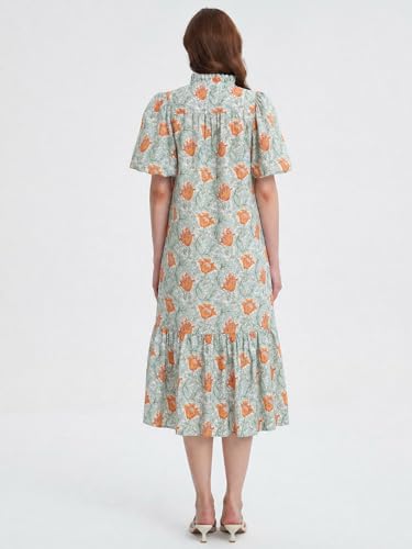 Image of Summer Floral Midi Dress for Women Spring Puff Short Sleeve Button Down Flowy Boho Dresses