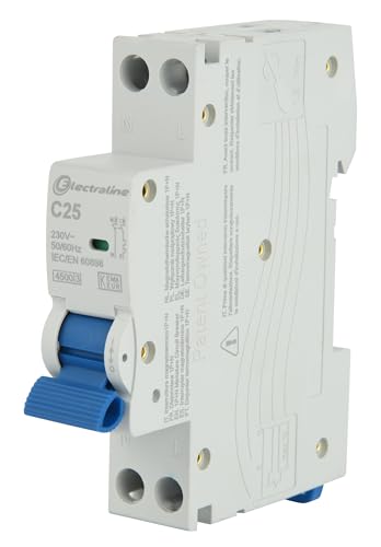 Electraline 87004 Disjoncteur 25A, courbe C (protection optimale contre les surintensités et les courts-circuits), 1P+N, 4.5kA, 240V, certifié CE, KEMA-KEUR et UKCA
