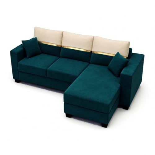 Image of Furny Arvea 4 Seater Fabric RHS L Shape Sofa Set (Greenish Teal) | Soft Velvet Fabric | Modern Design | Comfortable Seating | Living Room Furniture