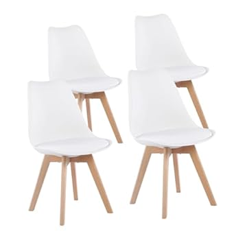 EGGREE Set di 4 Pranzo Ufficio Sedia con Gambe in Faggio Massiccio Sedie Senza Braccia Imbottita di Design per il Massimo Comfort Bianco