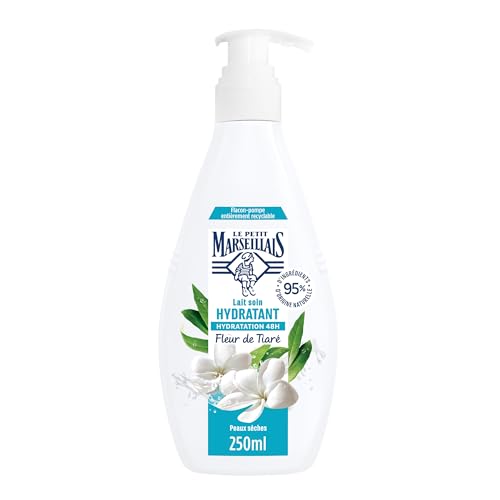 Le Petit Marseillais - Lait Soin Hydratant (Flacon-Pompe de 250 Ml) – Lait Corps pour Peaux Sèches – Lait Corporel Hydratation 48H à la Fleur de Tiaré