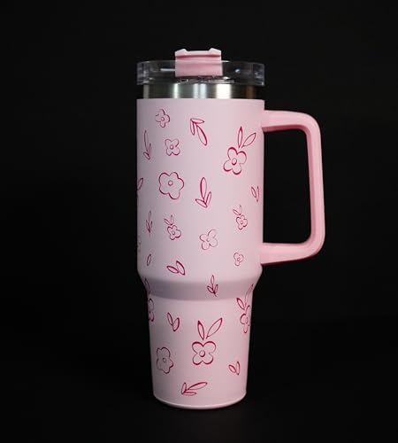 Image of 1200ML Stainless Steel Tumbler Hot and Cold with Handle and Lid and 2 Straws, Double Insulated Cup Leak Proof Mug Cupholder for Gym, Travelling (Pink Floral)