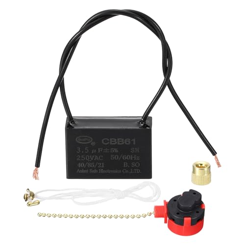 PATIKIL Condensador CBB61 3.5uF 250 V, 1 Juego Condensador Ventilador Techo Con Cordón Algodón Dorado Y Interruptor Cremallera Tres Posiciones Motor Ventilador Techo, Negro
