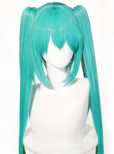 Photo de Windskids Hatsune Miku Cosplay Perruques Femme Bleu Long Droit Double Queue de Cheval Pony Perruques Déguisement Hatsune Miku Halloween Carnaval Fête Mascarade Performante Accessoires Anime Wig