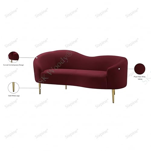 Image of Rosewood Luxury Curved Sofa in Premium Velvet-Fabric | Solid Wood Structure | High Density Foam | Sturdy Golden Legs | Comfortable & Stylish Couch for Modern Living Room (Red Wine, 2 Seater)
