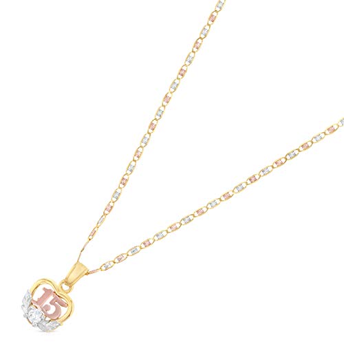 14K Tri Color Gold Sweet 15 Years Quinceanera Heart Cubic Zirconia CZ Charm Pendant with 1.5mm Valentino Chain Necklace2