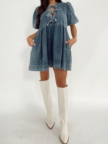 Image of Women Tie Front Denim Dress Round Neck Puff Sleeve A-line Mini Jean Dress with Pockets