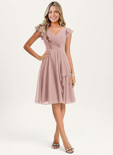 Women's Short Bridesmaid Dresses Ruffled Chiffon V Neck Flutter Sleeves A Line Formal Gown with Pockets3