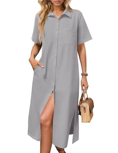 Image of HOTOUCH Womens Dress Summer Casual Midi Short Sleeve Button Down Shirt Dresses Loose Beach Cover Up with Pockets