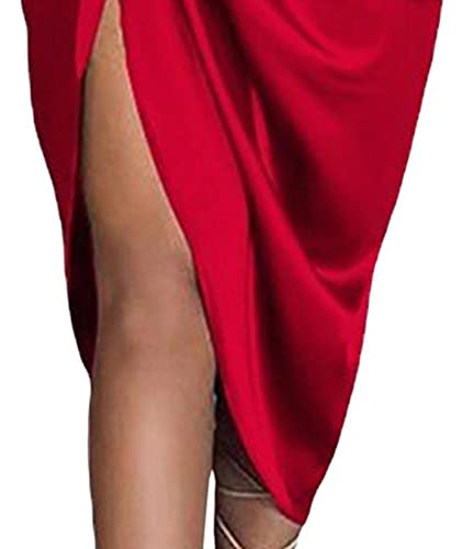 Image of xxxiticat Women's Ruched Midi Dress Sleeveless Spaghetti Straps One Shoulder Asymmetric High Split Slip Party Dress