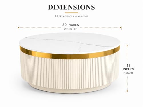 Image of Modern Round Centre Table - 76x76x46 cm | White Marble Top with Gold Accent Strip & Charcoal Louvers | Luxury Coffee & Tea Table for Living Room, Lounge & Entryway (Ivery)