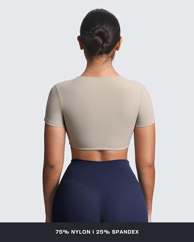 Image of Aoxjox Short Sleeve Crop Tops for Women Sienna Twist Deep V Workout Cropped T Shirt Top