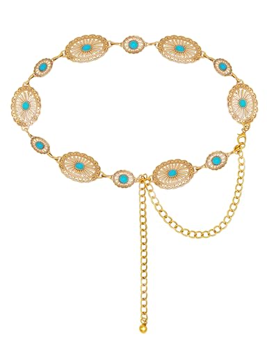TOPACC Gold Turquoise Concho Belts for Women Western Metal Cowgirl Boho Chain Belts for Dresses Country Concert Outfit