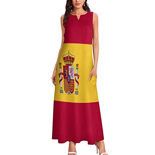 Image of TAIZIYEAH Long Dress Spain Flag Women's Summer Casual Loose Dress Long Dress Short Sleeve for Girls Fashion Skirts L