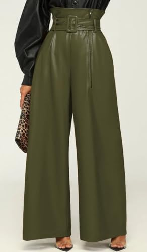 Women's Faux Leather Wide Leg Pants High Waist Side Zipper Baggy PU Leather Pants Party Club Trousers with Belt4
