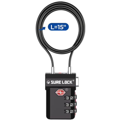 Image of SURE LOCK TSA Approved Luggage Locks with Open Alert Indicator, 3 Digit Combination Cable Travel Lock for Suitcase, Backpack, Gym Locker, Toolbox, Carry On & Travel Bag, EXTRA LONG CABLE, EXTRA LONG