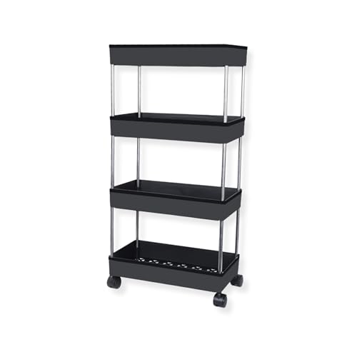 AEXONIZ TOYS Plastic Kitchen Storage Trolley Rack with Wheels, Slide Out Rolling Utility Cart Storage Shelves, Space Saving Home Storage Organizer Racks (Black, 4 Layer)