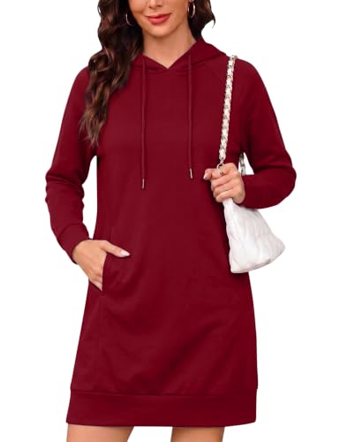 Image of Litherday Womens Hoodie Dress Longline Hooded Sweatshirt Pullover Top | Lightweight Longline Hooded Pullover With Drawstring Hood, Side Pockets And Straight Relaxed Fit Red M