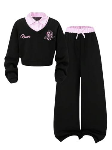 Image of Yoxindax Girls 2-Piece Clothes 2 In 1 Collared V-Neck Sweatshirt Wide Leg Contrast Color Pants Winter 7-14Y Outfits Set