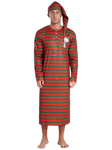 iiniim Mens 2 Piece Pajama Set Soft Loose Striped Nightshirt with Sleeping Cap Sleepwear Nightwear